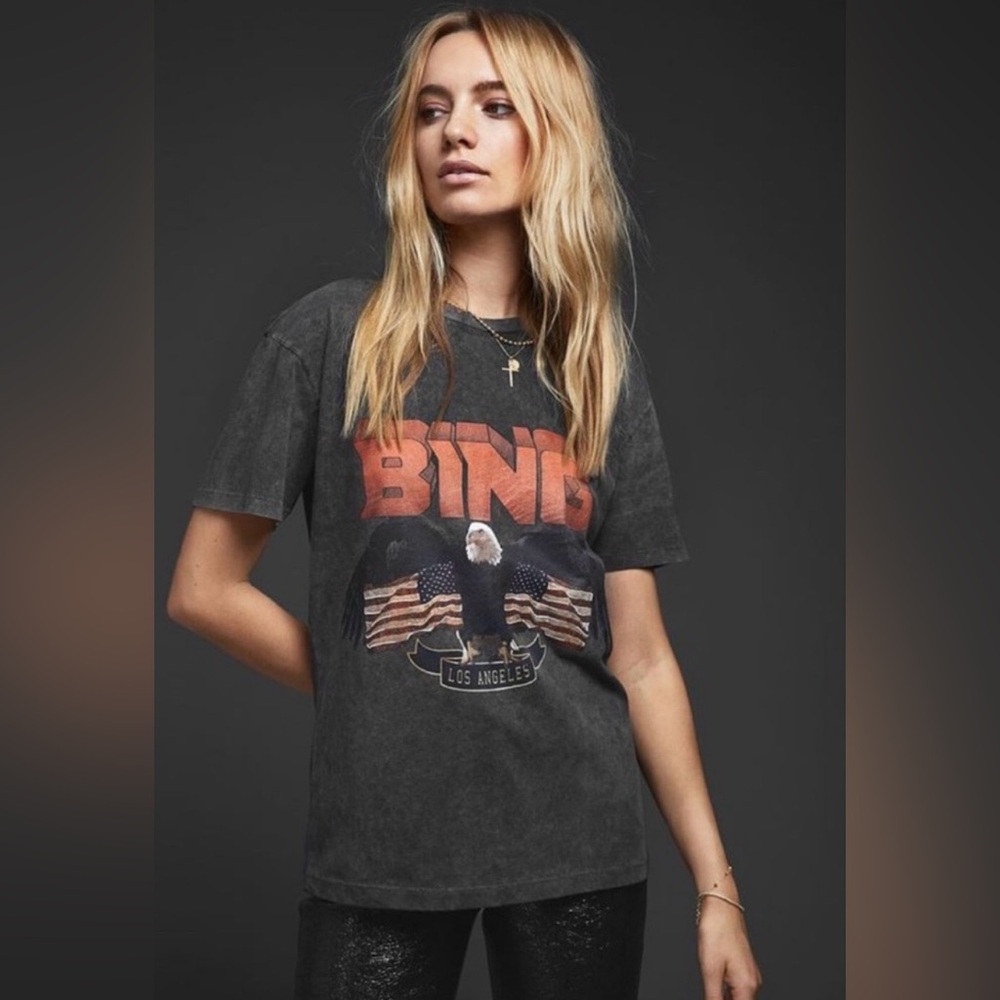 Anine Bing Black Organic Cotton Tee with Label Eagle Detail - Sz S